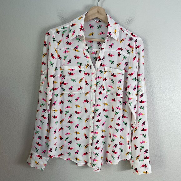 Express Portofino Shirt Womens XS Mustache Chilies Chilipepper Roll Tab Sleeve - Picture 1 of 9